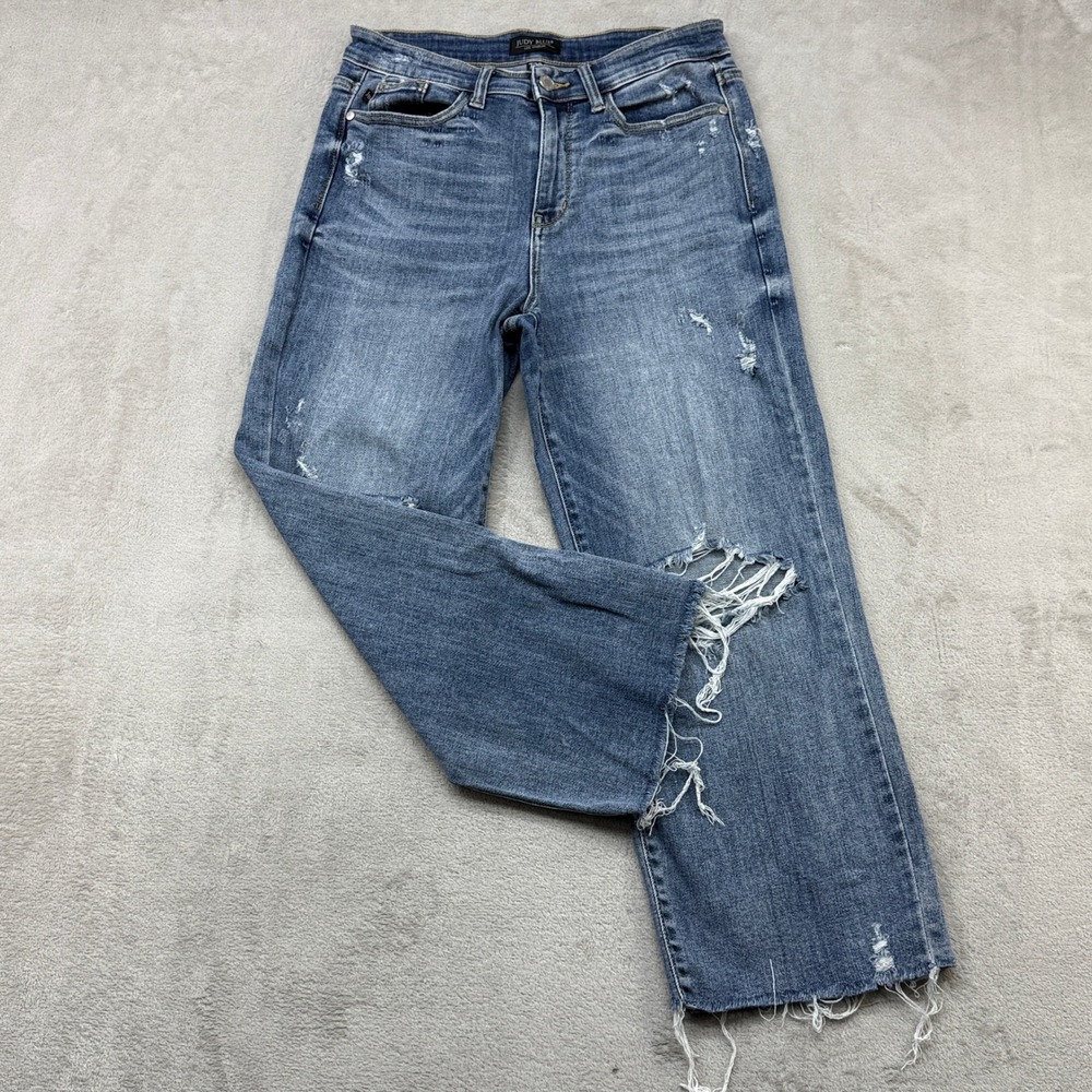 Judy Blue Wide Leg Jeans Womens 7/28 Blue Distressed Raw Hem Retro Boho Festival